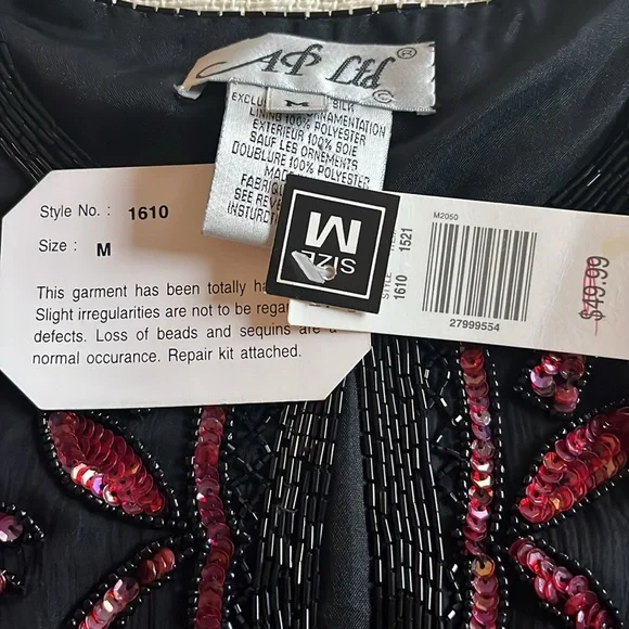 Vintage Beaded Jacket Sequins Black Red  Valentine Medium NWT - Picture 5 of 11